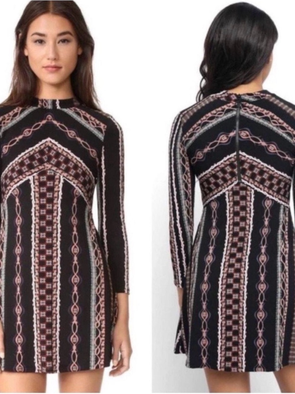 Free People Stella Mini Dress Black Geo Print 70s Boho Retro Large Long sleeve